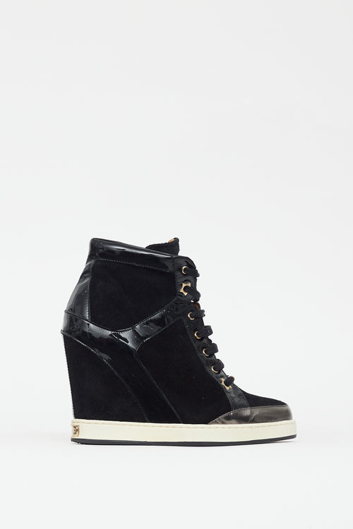 Jimmy Choo Black Suede & Patent Leather Wedge Sneaker