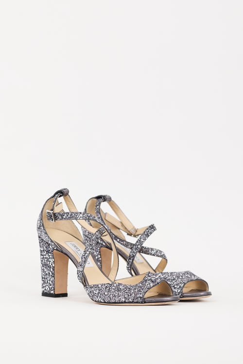 Jimmy Choo Blue & Silver Glitter Carrie 85 Heel