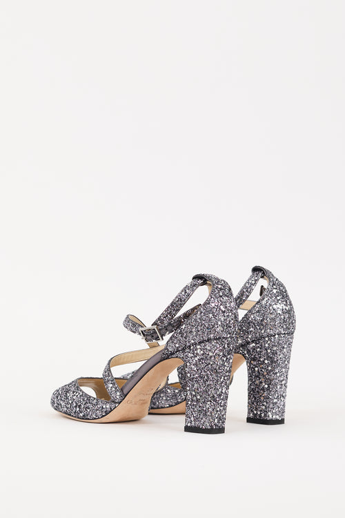 Jimmy Choo Blue & Silver Glitter Carrie 85 Heel