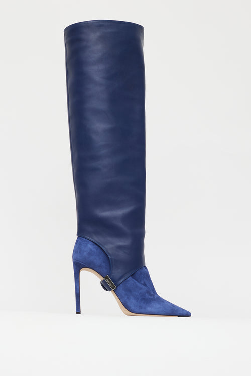 Jimmy Choo Navy Leather & Suede Convertible Knee High Boot