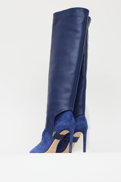Jimmy Choo Navy Leather & Suede Convertible Knee High Boot
