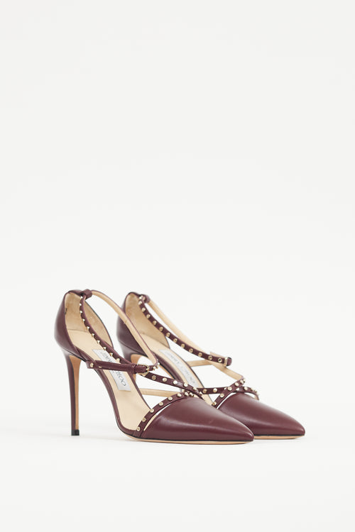 Jimmy Choo Burgundy & Gold Leather Studded Tiff Heel
