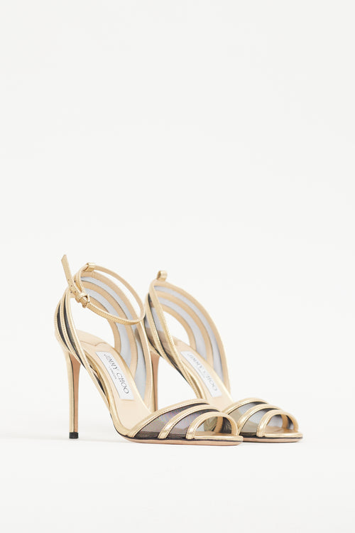 Jimmy Choo Gold & Black Leather & Mesh Betty Illusion Heel