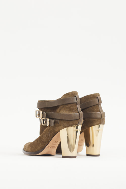 Jimmy Choo Khaki Brown & Gold Suede Wrapped Strap Bootie