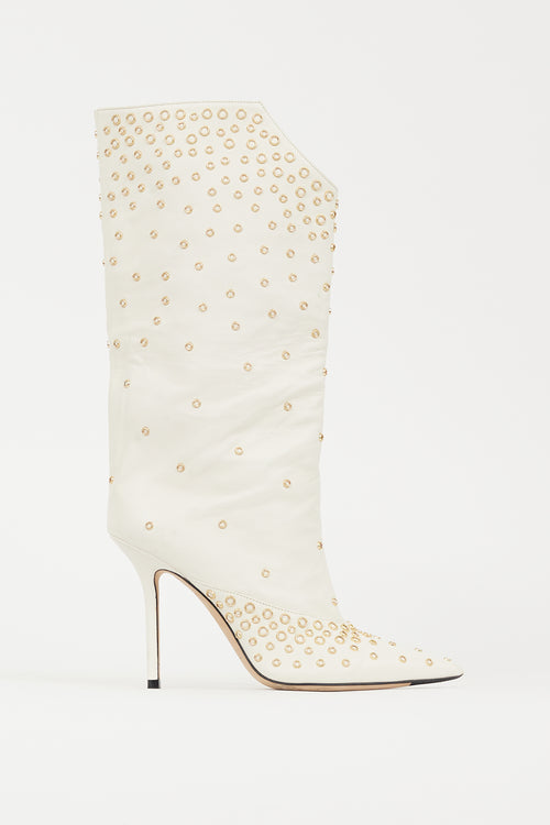 Jimmy Choo White & Gold Leather Bryndis 100 Studded Boot