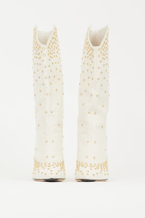 Jimmy Choo White & Gold Leather Bryndis 100 Studded Boot