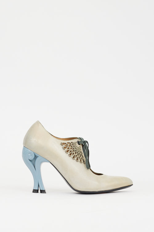 John Fluevog Grey & Blue Leather Estella Bootie