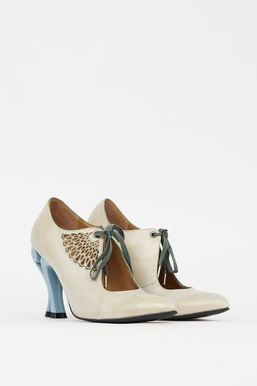 John Fluevog Grey & Blue Leather Estella Bootie