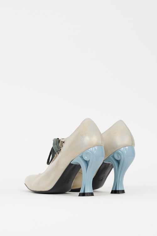 John Fluevog Grey & Blue Leather Estella Bootie