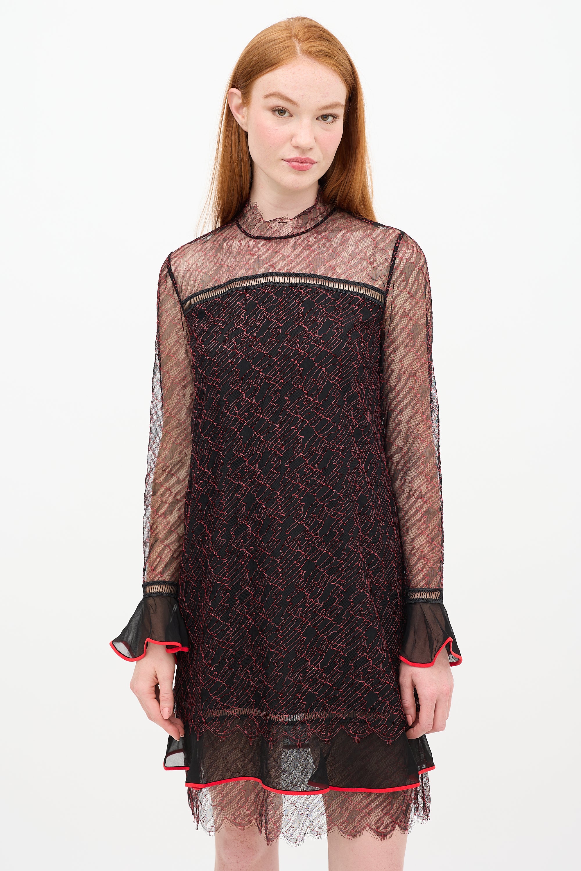 Jonathan Simkhai Black & Red Silk Lace Shift Dress