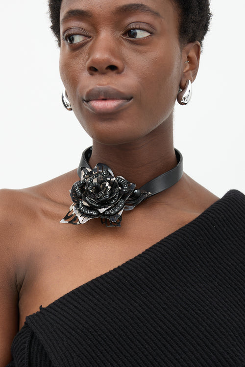 Lanvin Leather & Metal Flower Choker Necklace