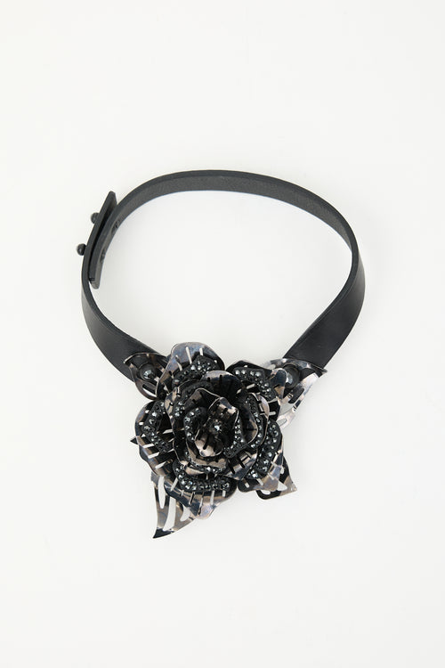 Lanvin Leather & Metal Flower Choker Necklace