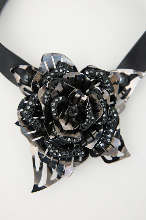 Lanvin Leather & Metal Flower Choker Necklace