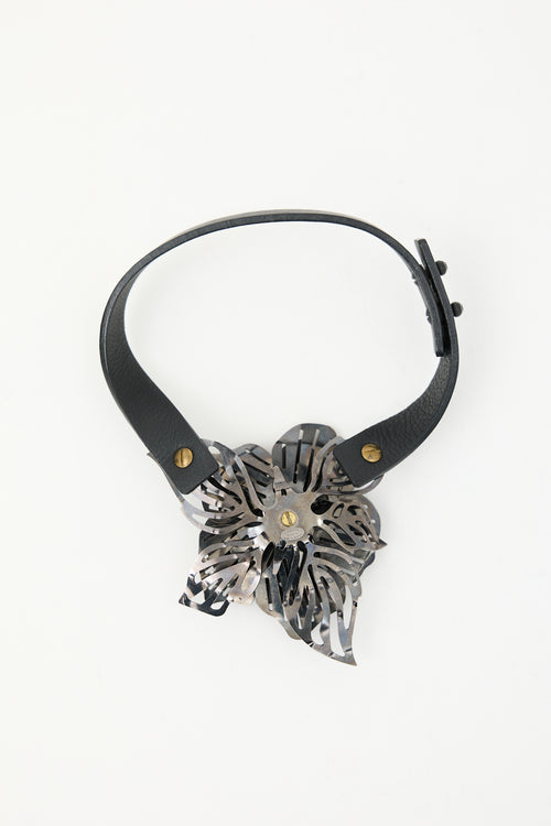 Lanvin Leather & Metal Flower Choker Necklace