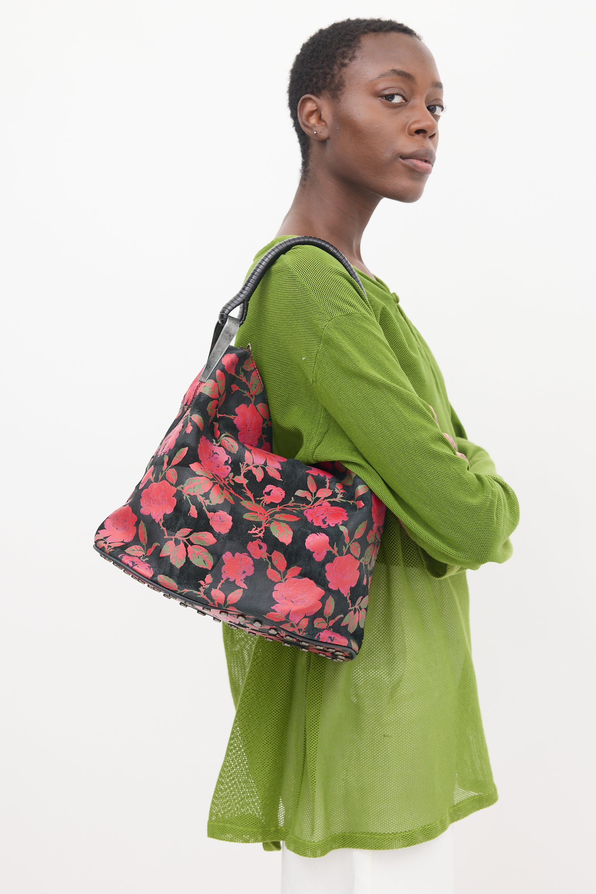 Kenzo Black & Multicolour Leather Floral Studded Bag