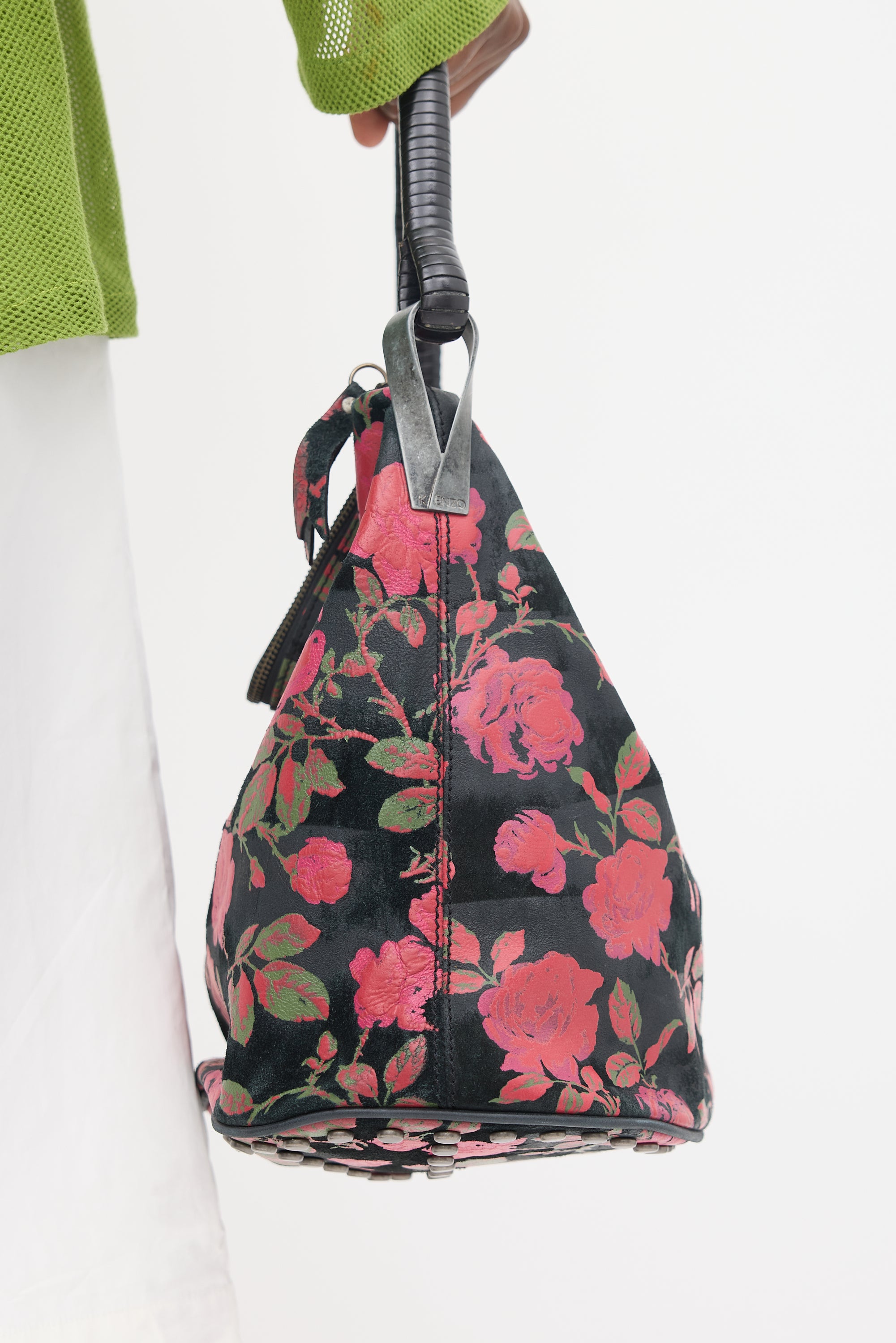 Kenzo Black & Multicolour Leather Floral Studded Bag