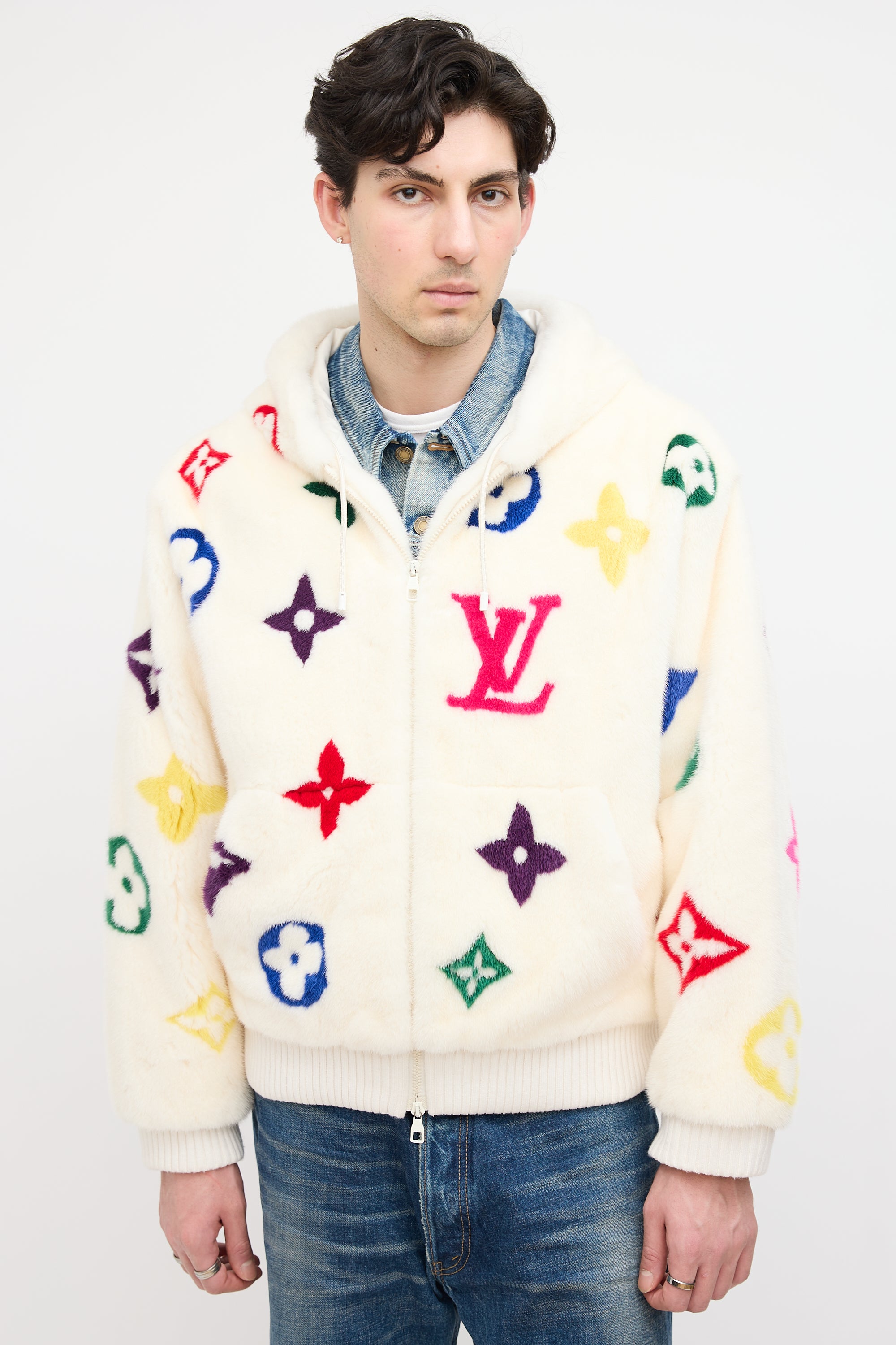 Louis Vuitton White & Multi Monogram Fur Jacket