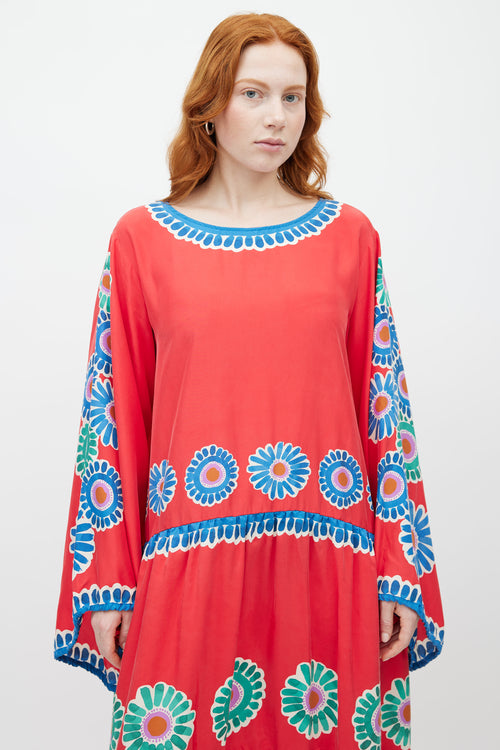 La DoubleJ Red & Multicolour Floral Silk Dress