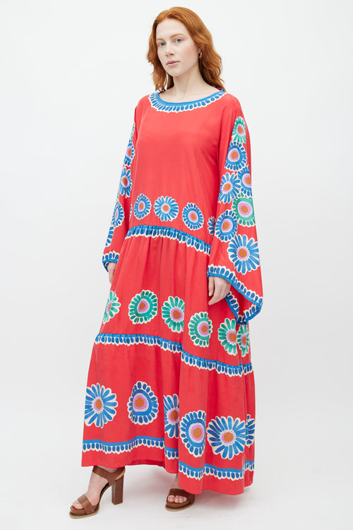La DoubleJ Red & Multicolour Floral Silk Dress
