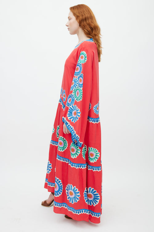 La DoubleJ Red & Multicolour Floral Silk Dress