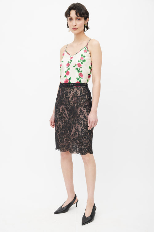 Lanvin 2010 Pink & Black Lace Gathered Skirt