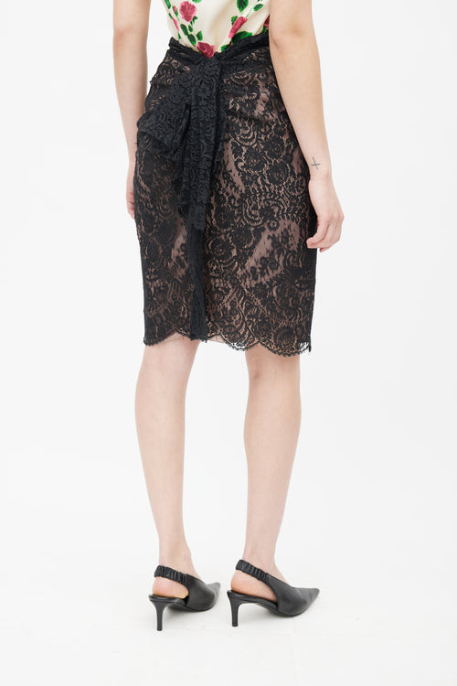 Lanvin 2010 Pink & Black Lace Gathered Skirt