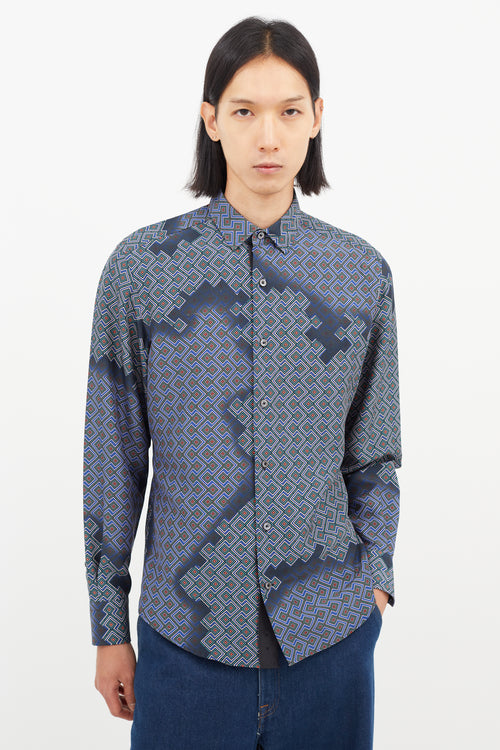 Lanvin Blue & Multicolour Silk Geometric Shirt