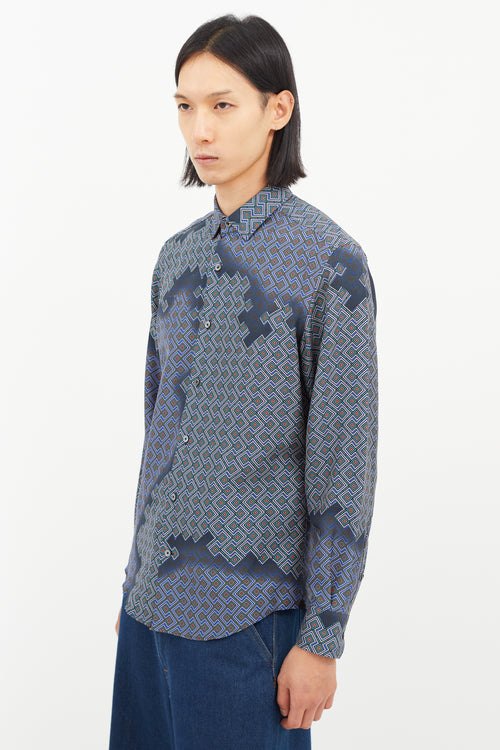 Lanvin Blue & Multicolour Silk Geometric Shirt