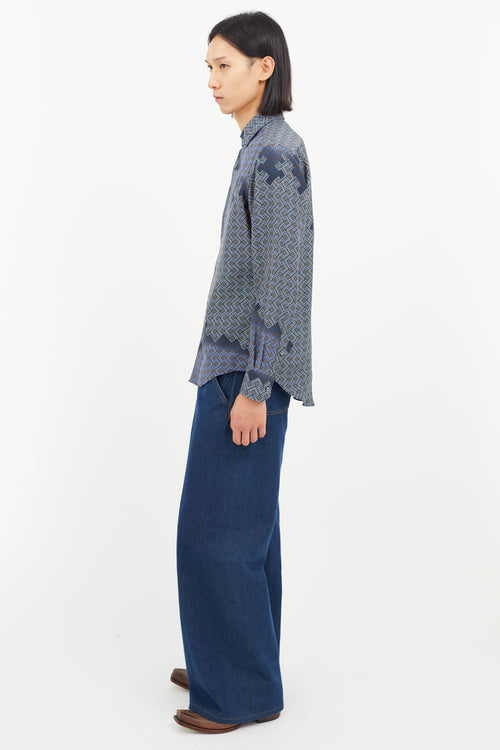 Lanvin Blue & Multicolour Silk Geometric Shirt