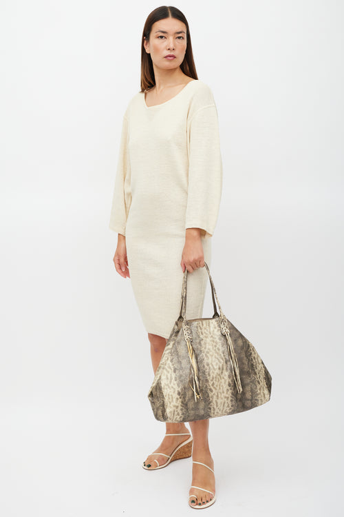 Lanvin Brown & Beige Textured Leather Metallic Tote Bag