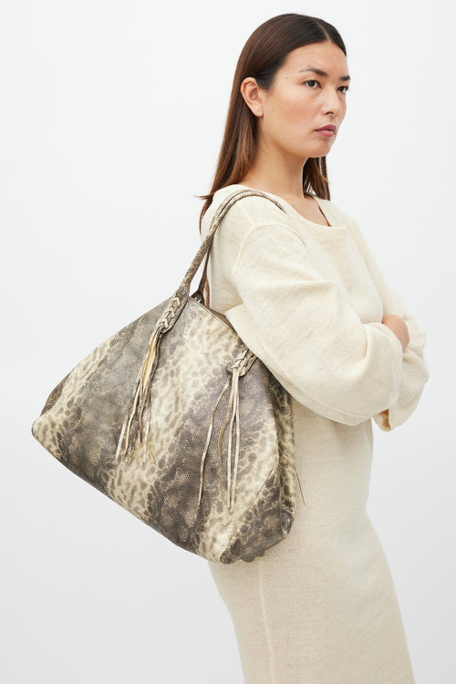 Lanvin Brown & Beige Textured Leather Metallic Tote Bag