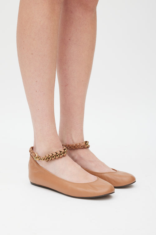 Lanvin Brown & Gold Leather Braided Strap Ballet Flat