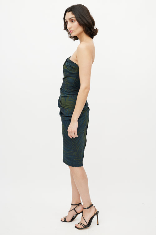 Lanvin Green & Navy Leaf Print Bustier Dress
