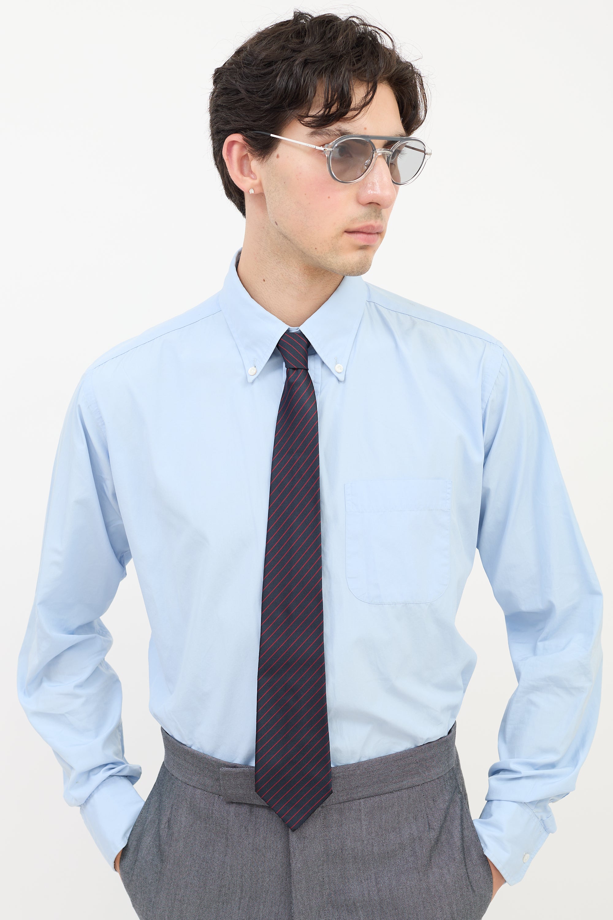 Lanvin Navy & Red Silk Diagonal Striped Tie