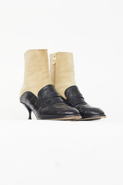 Loewe Black Leather & Beige Suede Heeled Boot