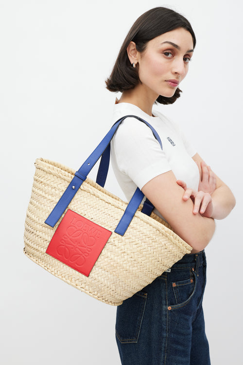 Loewe Brown & Blue Woven Basket Palm Leaf Bag