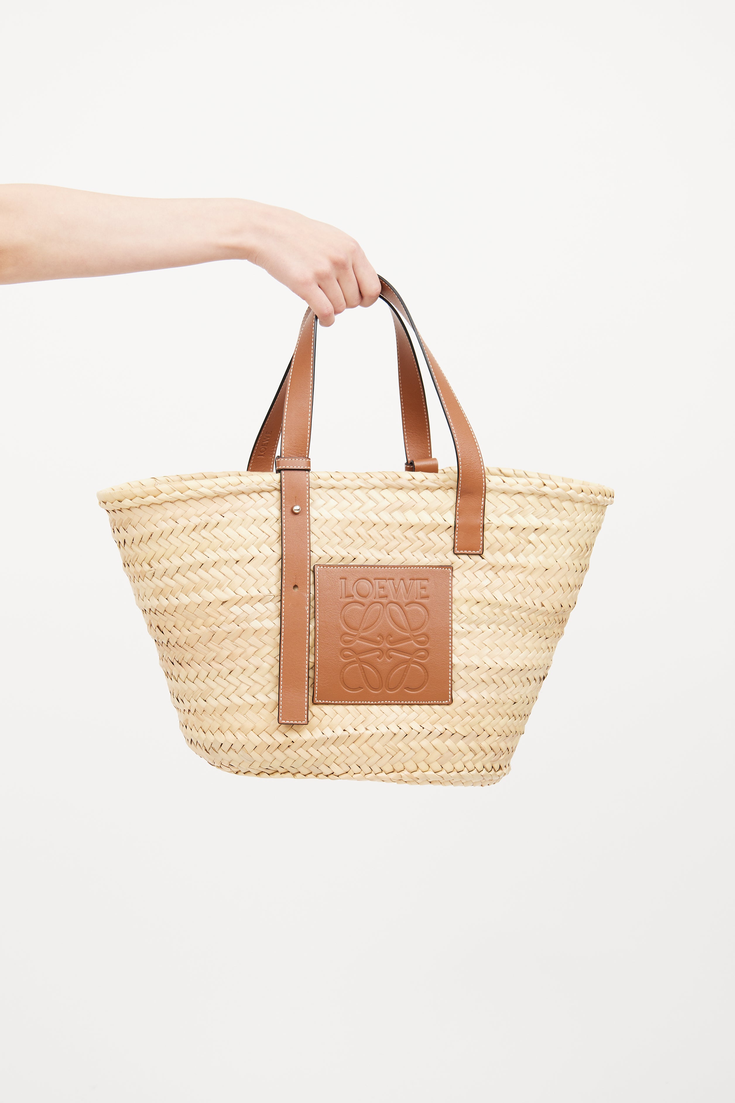 Brown Leather Logo Straw Tote Bag