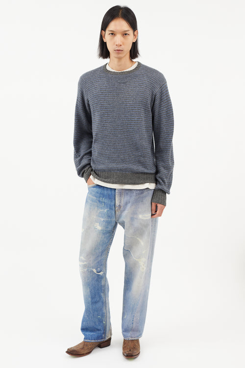 Loro Piana Blue & Grey Cashmere Striped Knit Sweater