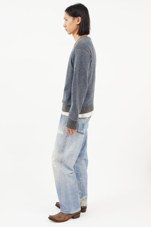 Loro Piana Blue & Grey Cashmere Striped Knit Sweater