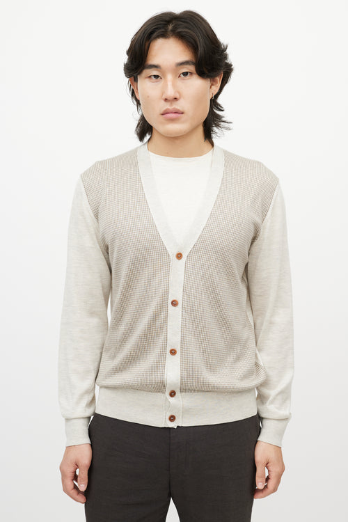 Loro Piana Grey & Brown Houndstooth Knit Cardigan