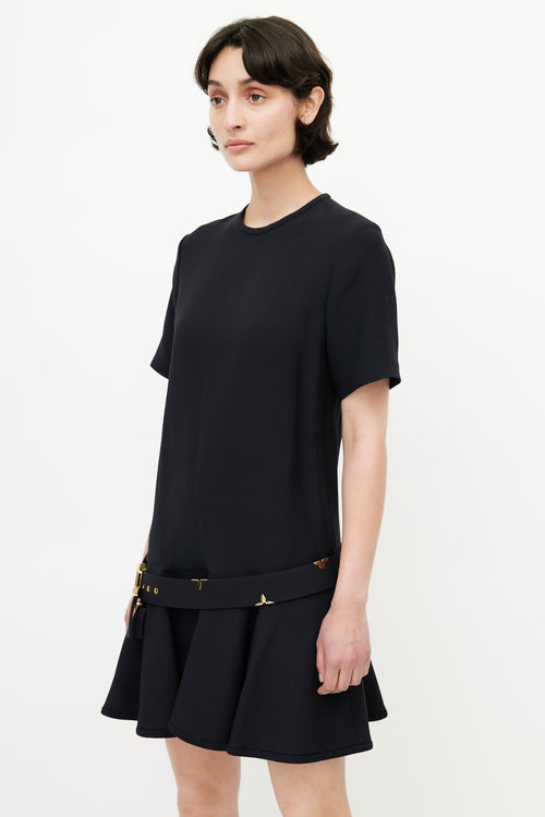 Louis Vuitton Black & Gold Belted Wool Dress