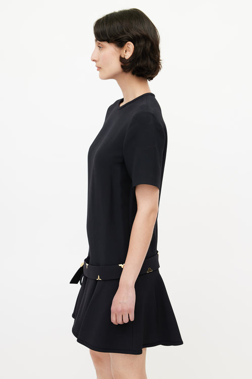 Louis Vuitton Black & Gold Belted Wool Dress
