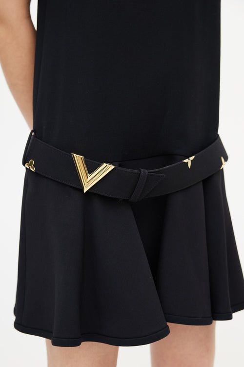Louis Vuitton Black & Gold Belted Wool Dress