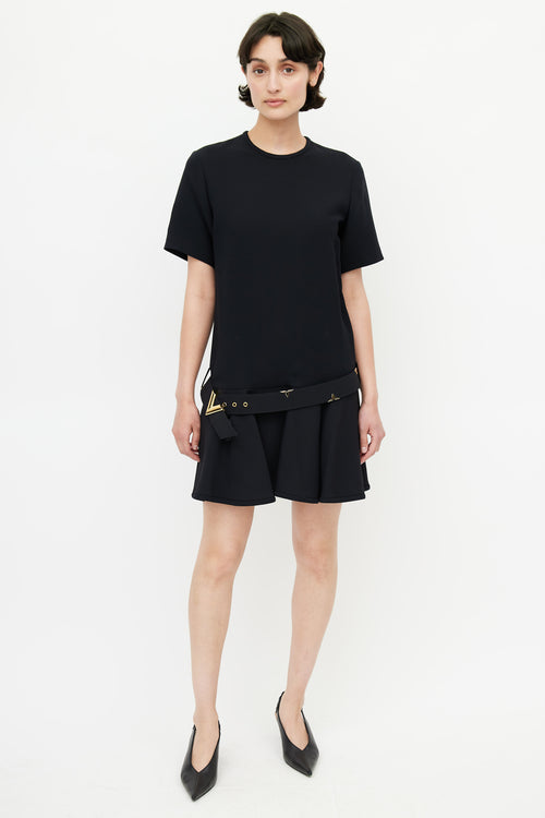 Louis Vuitton Black & Gold Belted Wool Dress