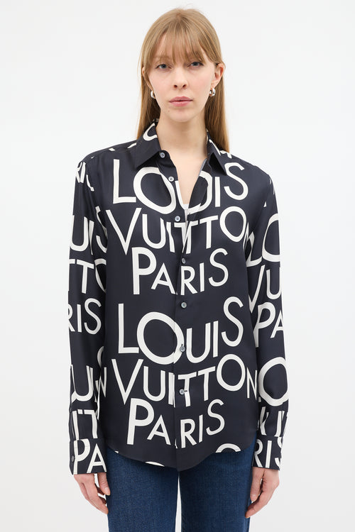 Louis Vuitton Black & White Silk Typography Shirt