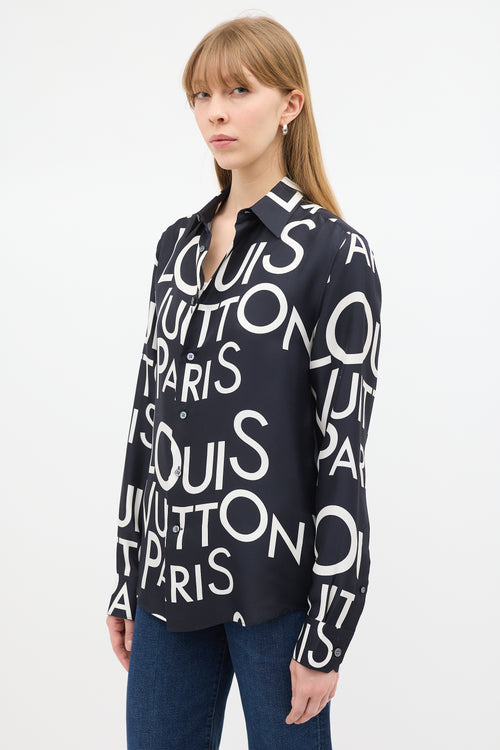 Louis Vuitton Black & White Silk Typography Shirt