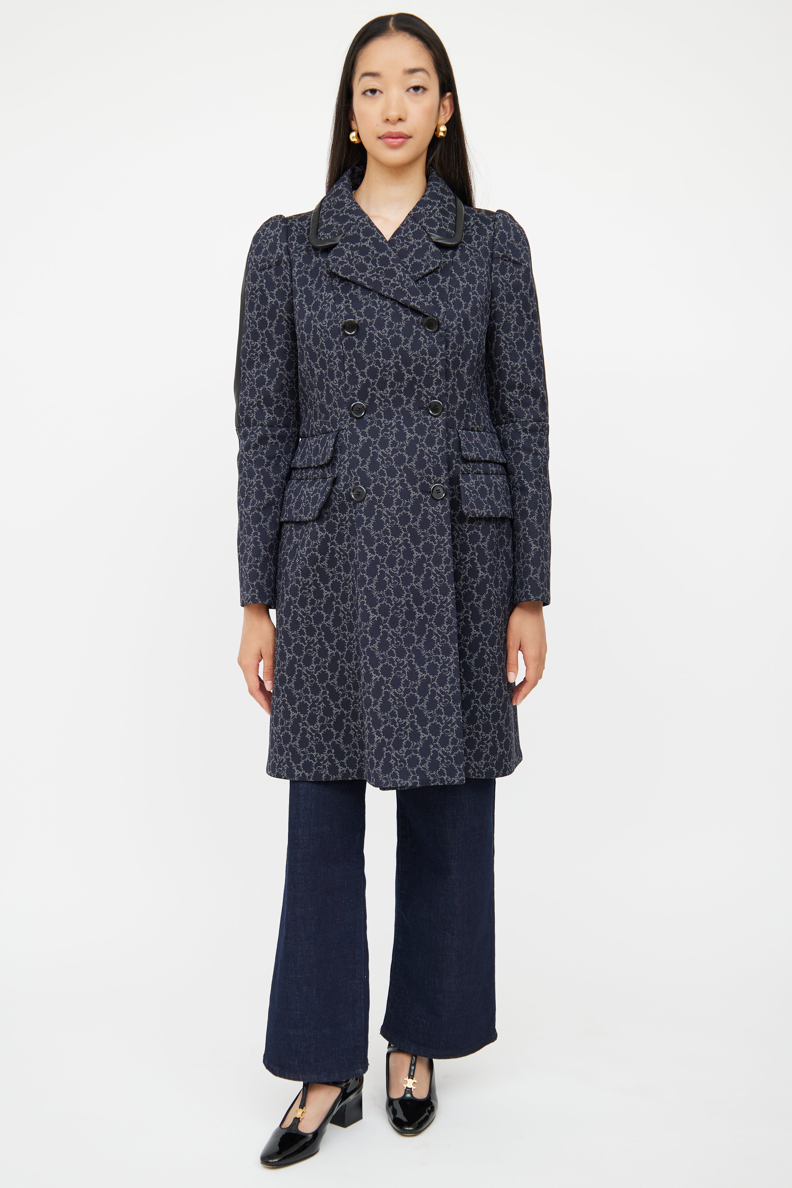 Louis Vuitton Navy Brocade Double Breasted Coat