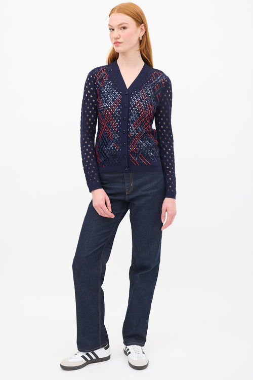 Louis Vuitton Navy & Red Wool Sequin Open Knit Cardigan