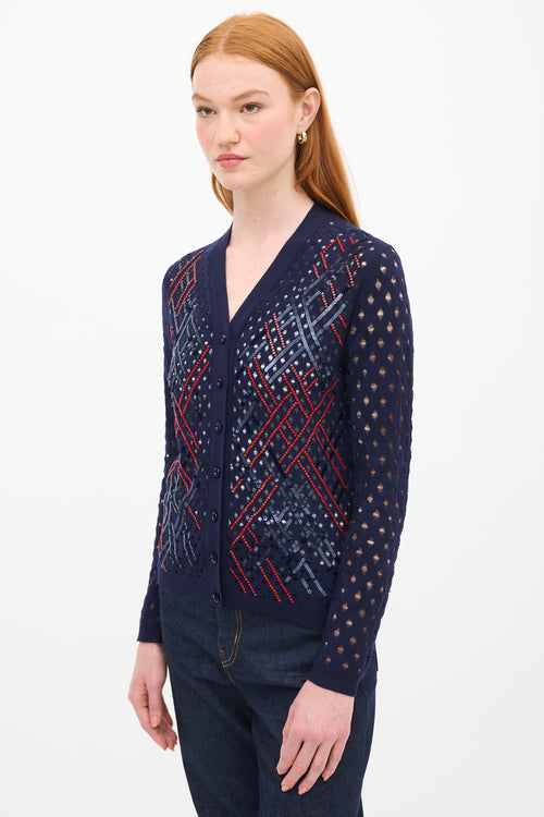 Louis Vuitton Navy & Red Wool Sequin Open Knit Cardigan