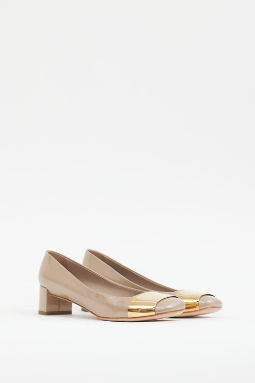 Louis Vuitton Beige & Gold Shiny Patent Leather Heel